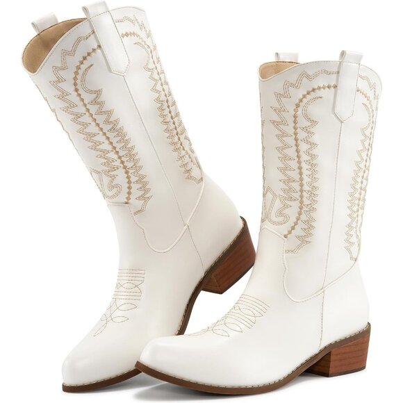 Shoes - Women's Embroidered White Mid Calf Western Pointed Toe Low Chunky Heel Boot